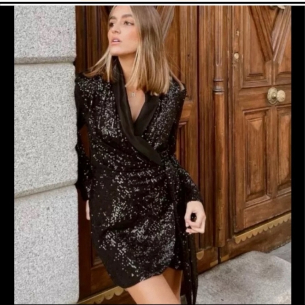 Zara * Sequin Wrap Blazer Dress Black - Picture 4 of 12